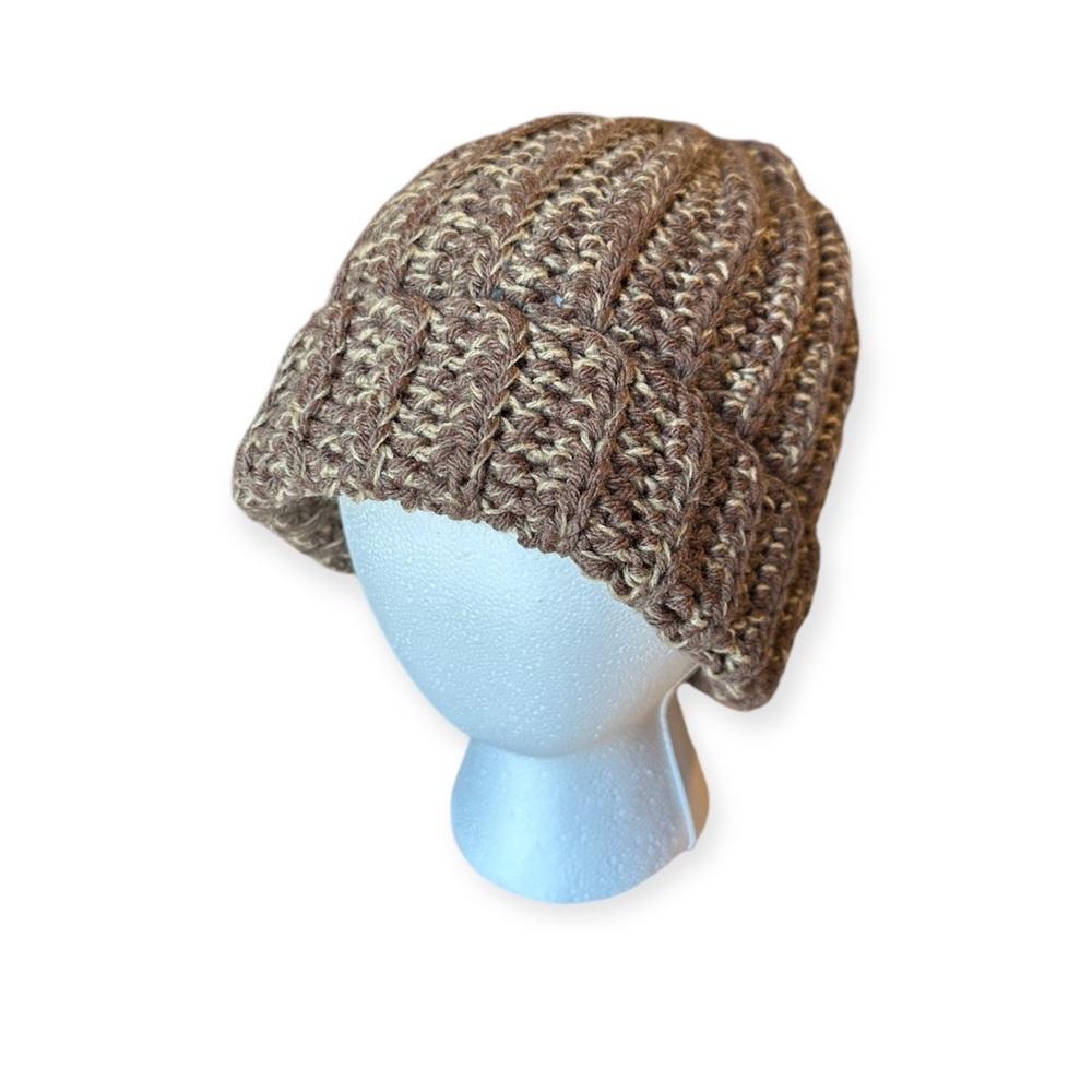 New Handmade Crochet Beanie Fold over Thick Hat Winter Brown Tan Cream Confetti